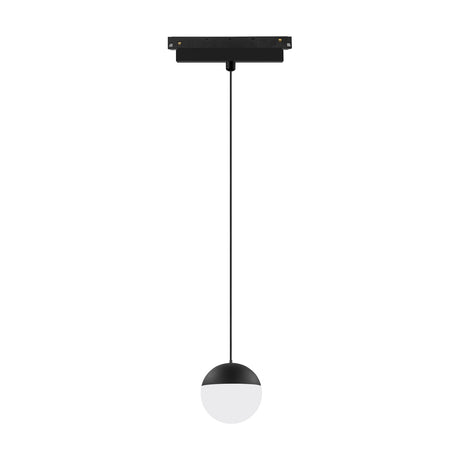 Magneto 10W Track Light with a black rectangular track adapter and a slim suspension cable leading to a small round black ball pendant head with white diffuser, shown on a plain white background.