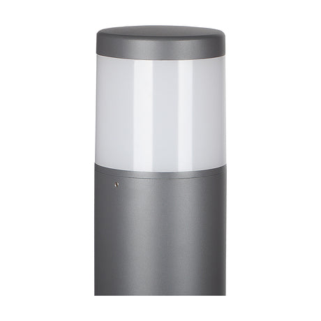Chicago E27 IP65 round post light in anthracite, close-up of the frosted cylindrical diffuser and domed cap above a matte grey aluminium base, shown on a white background.