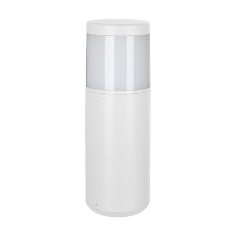 Chicago E27 IP65 round post light in matt white aluminium with a frosted polycarbonate diffuser band, shown on a plain white background.