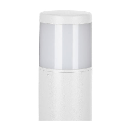 Chicago E27 IP65 round post light in matt white aluminium, 12cm diameter, with a frosted polycarbonate diffuser, shown close up on a plain white background.