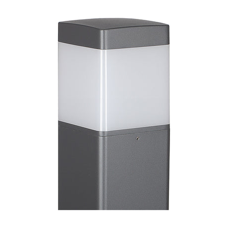 Close-up of the Chicago square post light in anthracite aluminium with a frosted polycarbonate panel and curved top, E27 fitting, IP65 rated, on a white background.