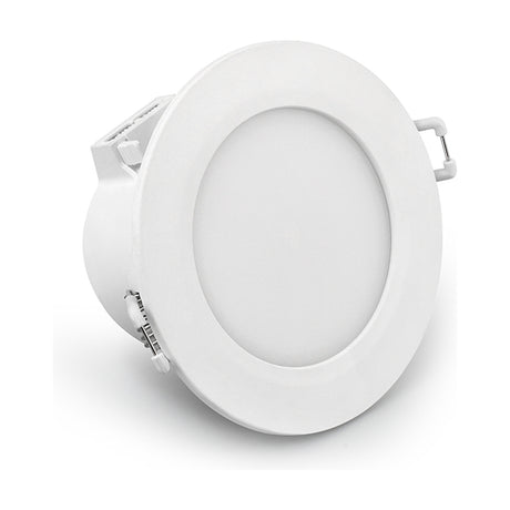 Yucatan 10W IP65 LED downlight in white, round recessed fitting with plain bezel and integrated diffuser, shown at an angle on a white background.