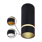 Cylindrical GU11 spotlight in black aluminium, 40mm diameter and 10cm high, with a gold-toned interior reflector shown in cutaway views on a white background.