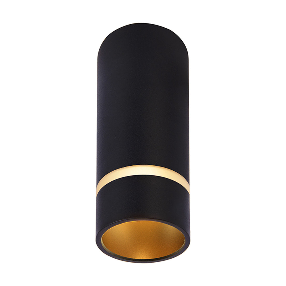 Black cylindrical GU10 spotlight, 40mm diameter and 10cm tall, aluminium body with gold-tone reflector interior, shown on a plain white background.