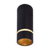 Black cylindrical GU10 spotlight, 40mm diameter and 10cm tall, aluminium body with gold-tone reflector interior, shown on a plain white background.