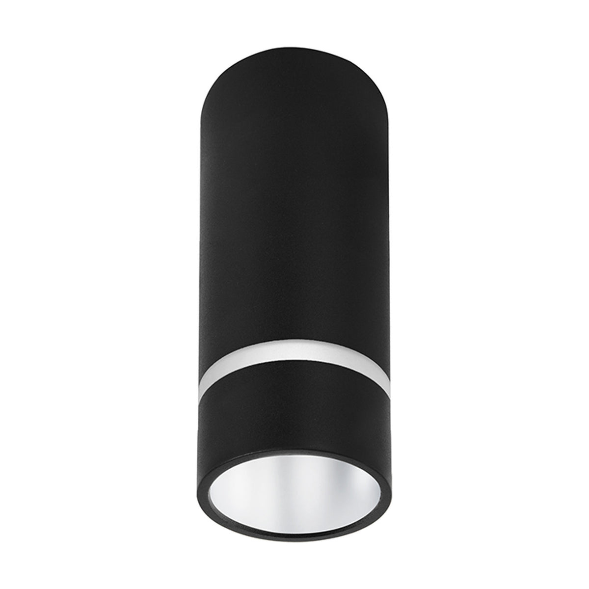 Cylindrical surface-mounted spotlight in black aluminium, 40mm diameter and 10cm high, with a white ring detail and reflector lamp visible, shown on a plain background.