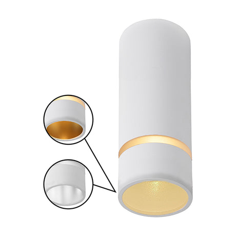 Split GU11 Spotlight in white, a cylindrical aluminium ceiling fixture 40mm wide with detail insets showing gold and white interior reflector finishes, shown on a plain background.