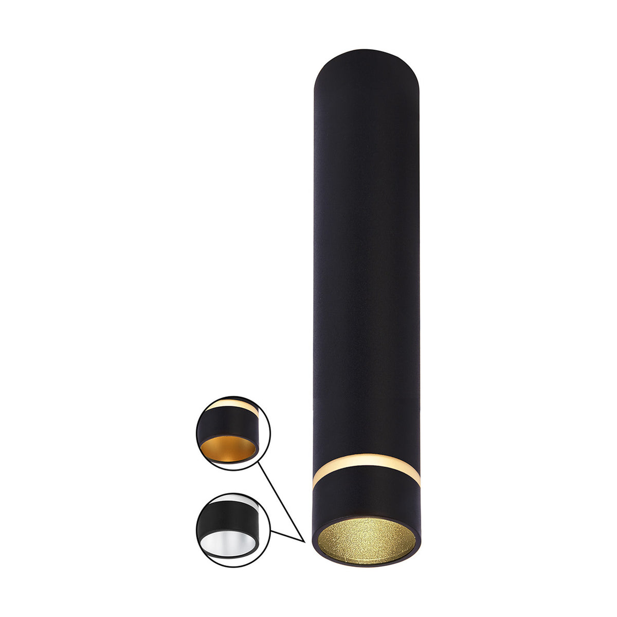 Black cylindrical GU11 spotlight, 40mm diameter and 20cm high, in aluminium with a gold-tone interior ring, shown with detail insets on a white background.