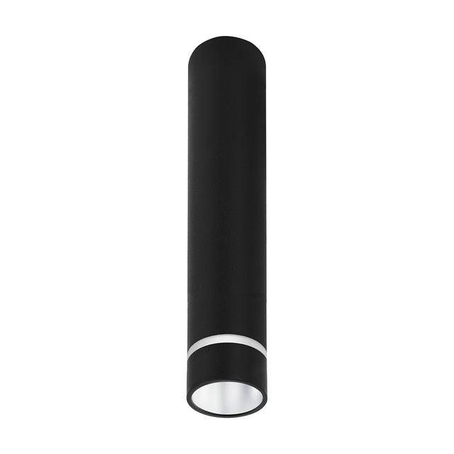 Split GU11 Spotlight in matte black aluminium, a slim 40mm diameter tube surface light with a white trim ring above the GU11 lamp aperture, shown on a plain white background.