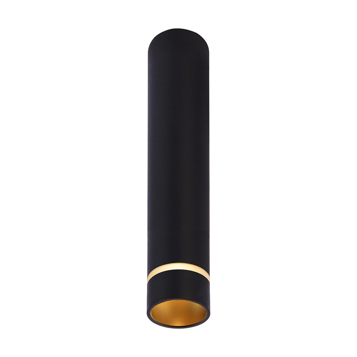 Split GU11 Spotlight in black, a slim 40mm diameter aluminium tube fixture, 20cm tall with a gold-tone interior ring visible at the open end, shown on a plain white background.