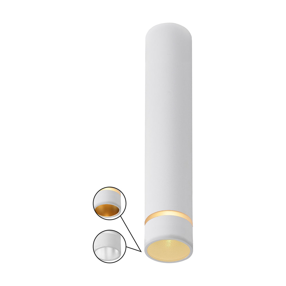 Split GU11 spotlight in white aluminium, a narrow 40mm cylindrical tube 20cm high with a gold-toned interior reflector, shown against a plain white background with detail insets.