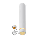 Split GU11 spotlight in white aluminium, a narrow 40mm cylindrical tube 20cm high with a gold-toned interior reflector, shown against a plain white background with detail insets.