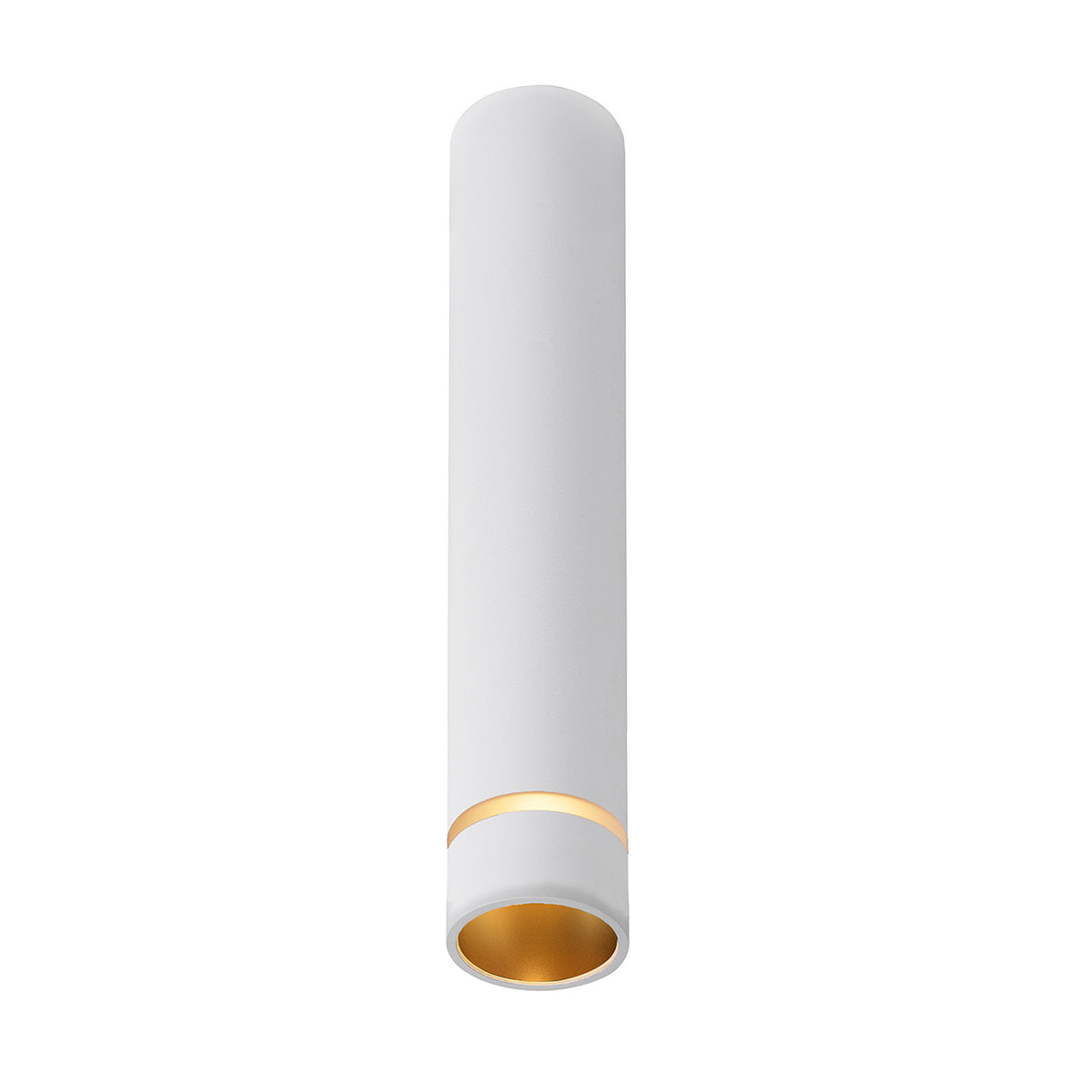 Split GU11 Spotlight in white, a narrow cylindrical surface-mounted tube, 40mm diameter and 20cm high, with a gold-toned inner reflector visible at the open end, shown on a plain white background.