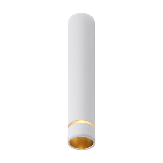Split GU11 Spotlight in white, a narrow cylindrical surface-mounted tube, 40mm diameter and 20cm high, with a gold-toned inner reflector visible at the open end, shown on a plain white background.