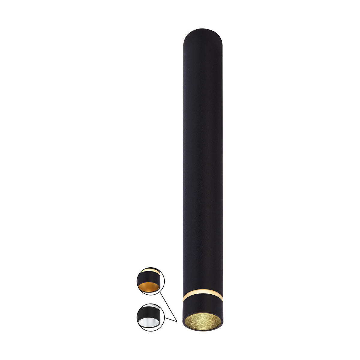 Split GU11 Spotlight, a slim black cylindrical ceiling fixture, 40mm diameter and 30cm long, with a gold-toned inner ring at the downward opening, shown on a plain white background.