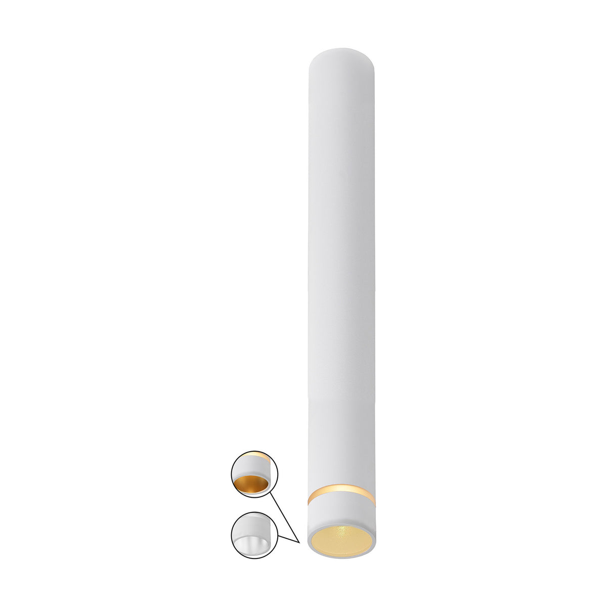 Split GU11 Spotlight in white, a slim 40mm diameter cylindrical ceiling fixture 30cm high with an inset diagram of its gold-tone interior reflector, shown on a plain white background.
