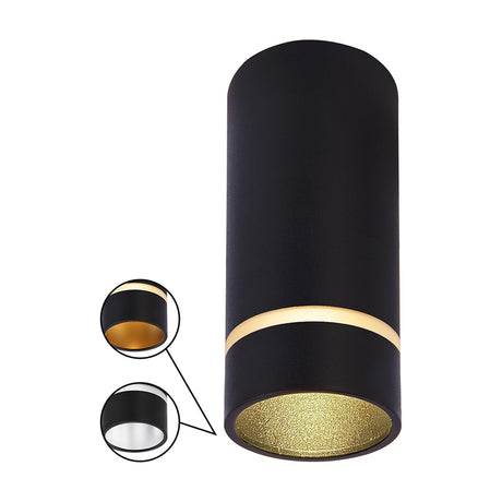 Split GU10 Spotlight 60mm in black, a cylindrical aluminium ceiling spotlight with gold-tone interior reflector, shown with white and black insert options, on a white background.