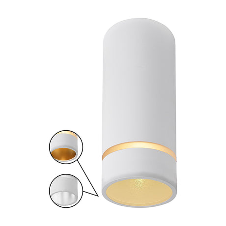 Split GU10 Spotlight 60mm in white, a cylindrical surface-mounted ceiling spotlight with a gold-toned inner reflector, shown with cutaway views of the aluminium housing on a plain white background.