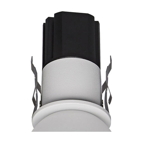 Bead 7W LED spotlight in white with round frosted face, 35mm cut-out, aluminium body and black recessed housing with metal spring clips, shown on a plain white background.
