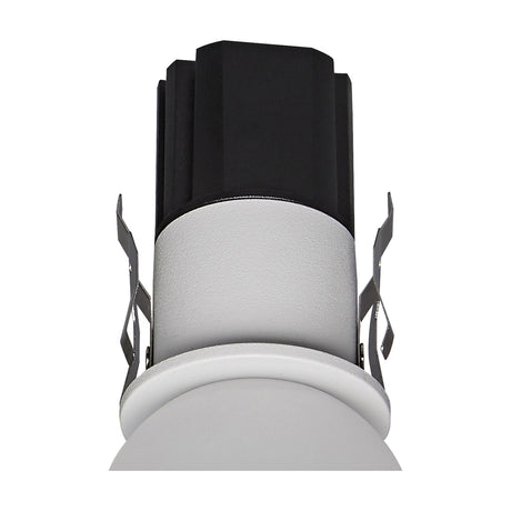 Bead 7W Spotlight, 35mm cut-out recessed downlight in white aluminium, shown from below with black heat sink, spring clips and white trim, plain white background.