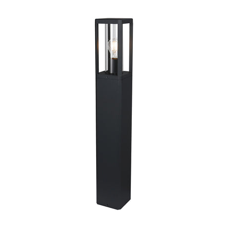 Nevada E27 IP65 post light in matt black, tall square outdoor bollard with glazed lantern top and lit bulb, shown on a plain white background.