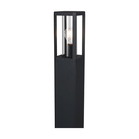 Nevada E27 IP65 outdoor post light in matt black, tall square pillar with glass-panelled top housing a visible bulb, on a plain white background.