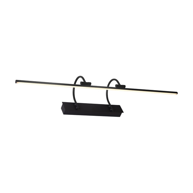 Paracuru 18W LED wall light with a long slim black bar, curved dual arms, and rectangular wall plate, shown on a plain white background.
