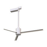 Monkey Ceiling Fan with Light 84cm in white, showing the track-style mount, slim white downrod, cylindrical motor housing and three slim blades, shown on a plain white background.