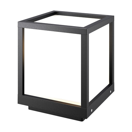 Utah E27 IP65 post light in graphite, a small square aluminium outdoor fixture with an open cube frame and frosted glass panels, shown on a plain white background.
