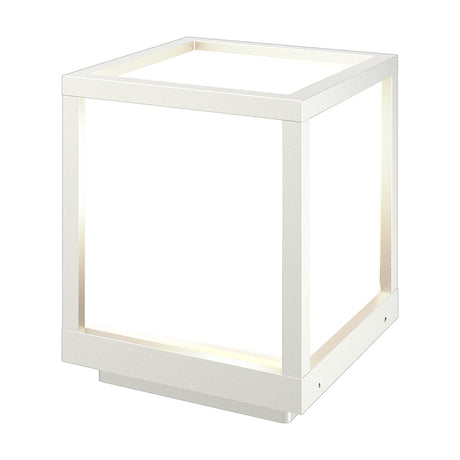 Utah E27 IP65 post light in white, a compact cube-shaped aluminium fixture with an open frame and translucent panels glowing softly, shown on a plain background.