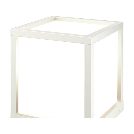 Utah E27 IP65 post light in white, close-up of the cube-shaped aluminium frame with open sides showing internal illumination, 16cm outdoor fitting on a plain background.