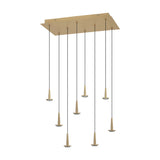 Andromeda Rectangle Pendant Light in light gold, a rectangular ceiling canopy with eight staggered LED drops on slim cables, iron finish, shown on a plain white background.