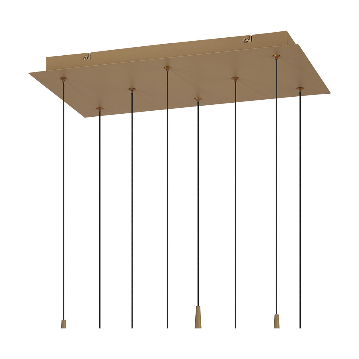 Andromeda Rectangle Pendant Light in light gold, iron finish with eight integrated LED points on slim black suspension cables from a rectangular ceiling canopy, shown on a plain white background.