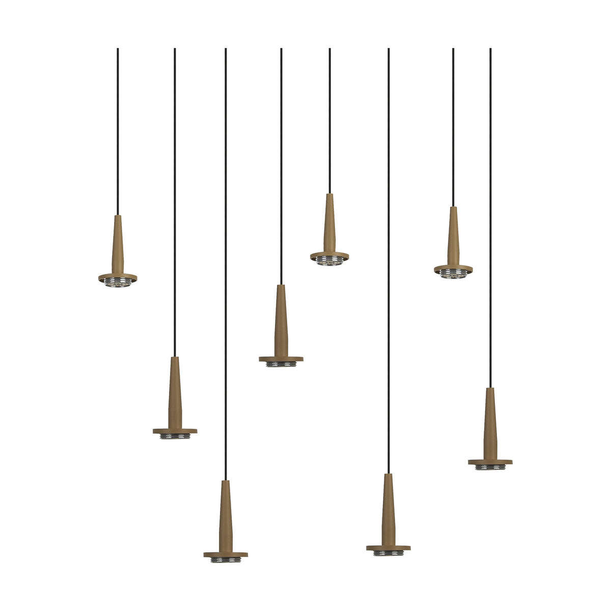 Andromeda Rectangle Pendant Light in light gold, with eight tapered LED heads on slim black cords at staggered drops, integrated warm white light, shown on a plain white background.