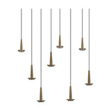 Andromeda Rectangle Pendant Light in light gold, with eight tapered LED heads on slim black cords at staggered drops, integrated warm white light, shown on a plain white background.