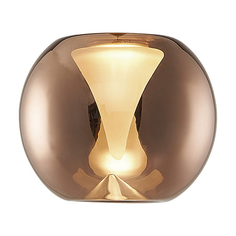 Andromeda Round Lamp Shade 13cm in copper glass with a frosted inner funnel, gently domed globe shape shown lit against a plain white background.