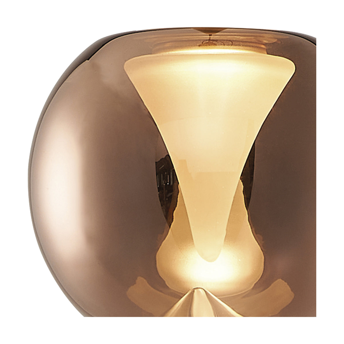 Close-up of the Andromeda Round Lamp Shade 13cm in copper glass, showing its domed shape and frosted inner funnel glowing softly against the metallic outer finish.