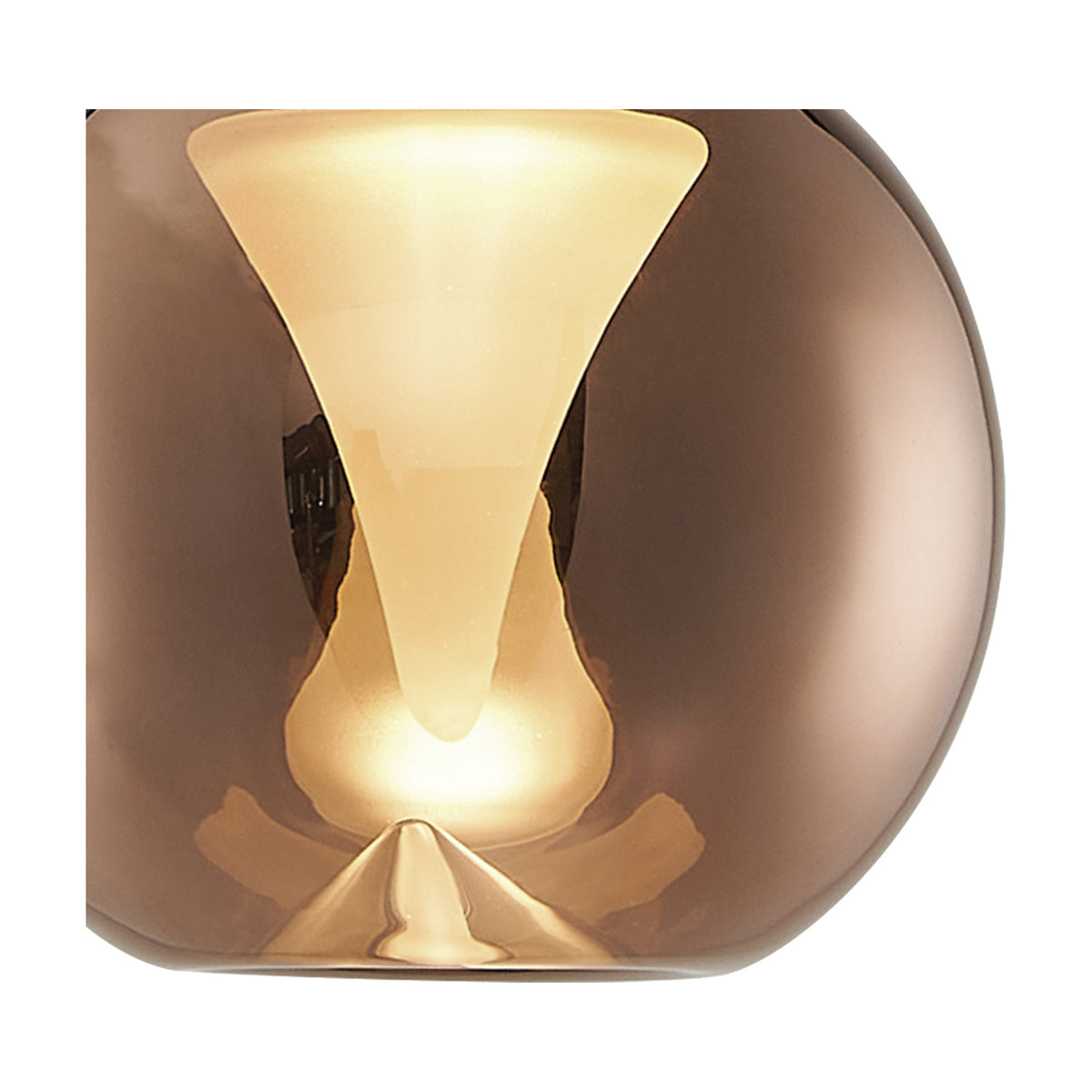 Close-up of the Andromeda Round Lamp Shade 13cm in Copper, showing the domed copper glass exterior and frosted inner funnel glowing softly when lit.