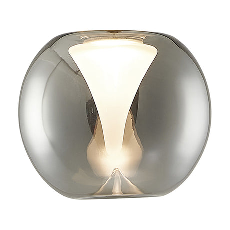 Andromeda Round Lamp Shade 13cm in Chrome, a small round glass shade with mirrored chrome outer and frosted funnel centre, shown lit against a plain white background.