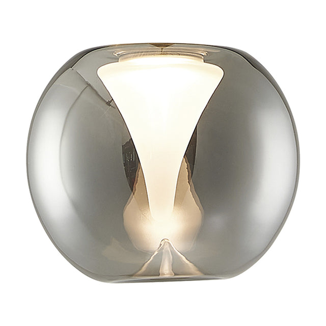 Andromeda Round Lamp Shade 13cm in Chrome, a small round glass shade with mirrored chrome outer and frosted funnel centre, shown lit against a plain white background.
