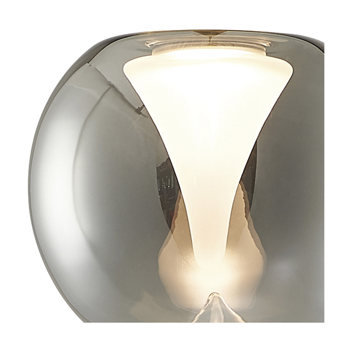 Close-up of the Andromeda Round Lamp Shade 13cm in chrome, showing the mirrored glass exterior and frosted funnel centre glowing with light.