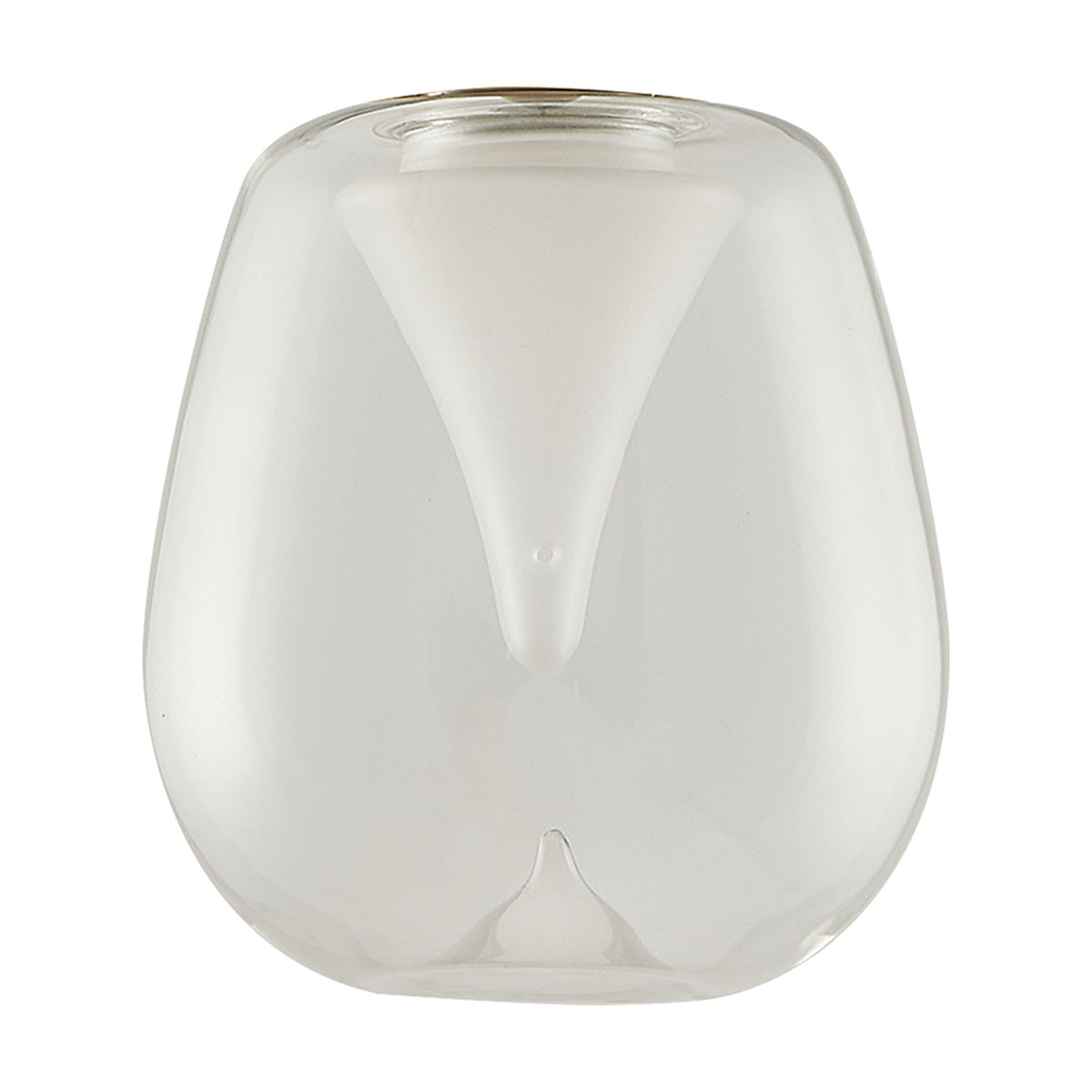Andromeda Lamp Shade 12cm in clear glass, rounded body tapering to a neck with an inner frosted funnel visible through it, shown on a plain white background.