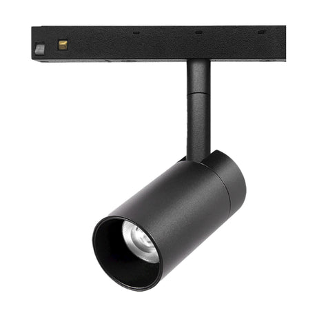Magneto 7W Dimmable Track Light, a black aluminium 43mm cylindrical spotlight head with adjustable swivel mount on a magnetic track bar, shown on a plain white background.