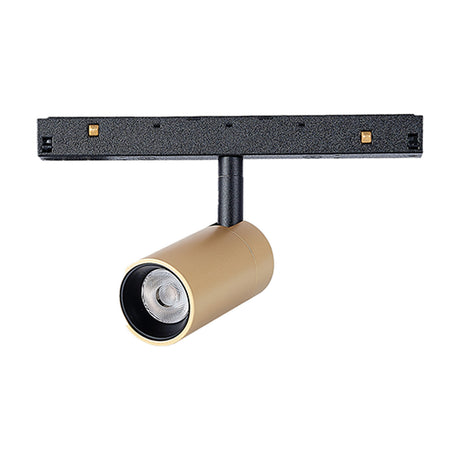 Magneto 7W Dimmable Track Light in gold with black joints, 43mm cylindrical spot head on an adjustable swivel arm and black track base, shown on a plain white background.