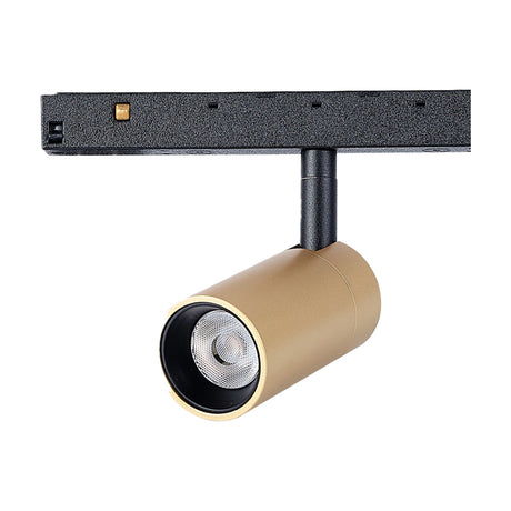 Magneto 7W Dimmable Track Light in gold with black joints, 43mm cylindrical head on adjustable arm and black track mount, shown on a plain white background.