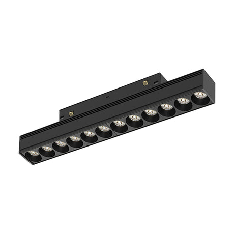 Magneto 12W Linear Dimmable Track Light in black, a slim 25cm bar with multiple round LED heads, shown angled on a plain white background.