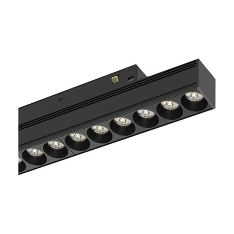 Magneto 12W Linear Dimmable Track Light in black, 25cm bar with multiple round LED lens heads and magnetic track connector, shown against a plain white background.