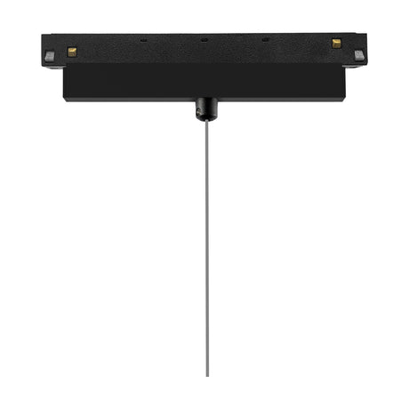 Magneto 20cm track light in black aluminium, showing the rectangular ceiling adaptor with a slim suspension cable dropping to a small pendant head, shown on a plain white background.
