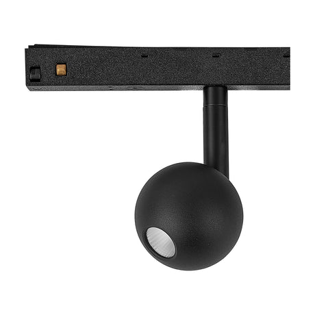 Magneto 7W Dimmable Track Light in black, showing a spherical ball-head spotlight on an angled arm connected to a track adaptor, set against a plain white background.