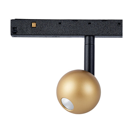Magneto 7W Dimmable Track Light in gold and black, ball-shaped spotlight head with adjustable arm on a black track base, shown on a plain white background.